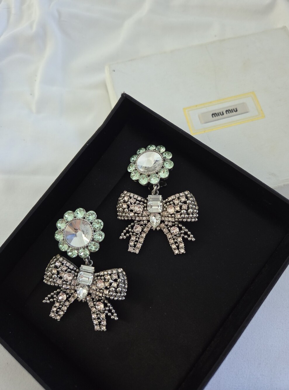 Miu Miu Crystal Bow Drop Earrings in Light Green and Pale Pink